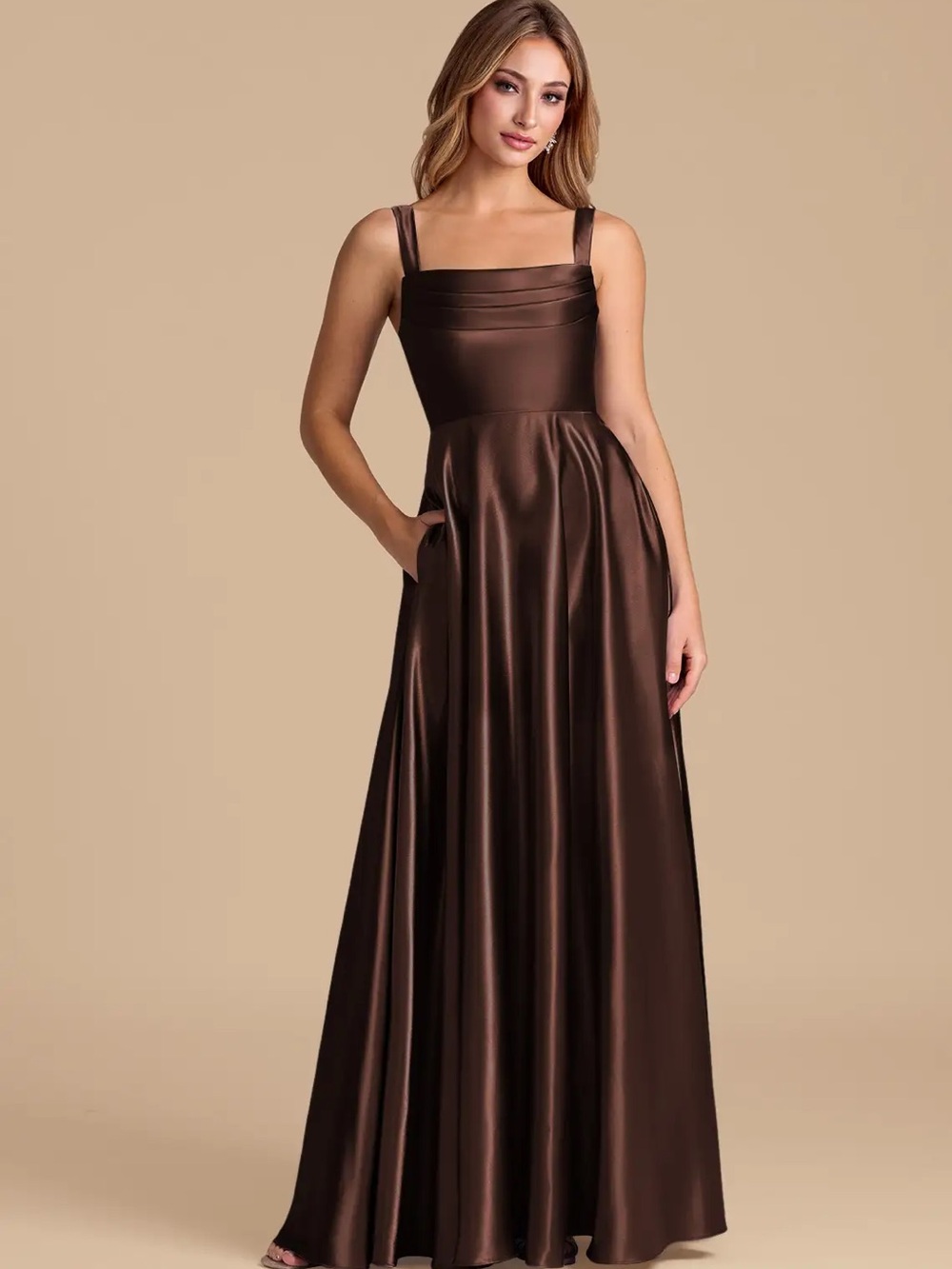 Azazie Brown Satin Square-Neck Evening Gown
